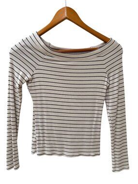LOFT Off Shoulder Striped Ribbed Top White Black Size S